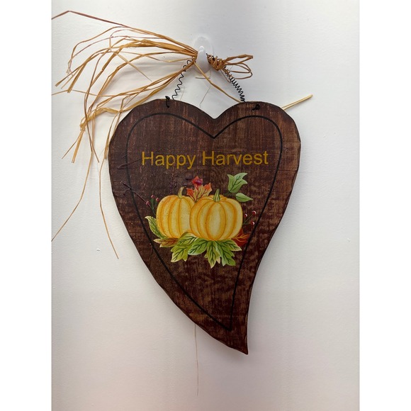 Happy Harvest Pumpkin Heart Wooden Wall Hanging Fall Decor Rustic - Picture 1 of 2